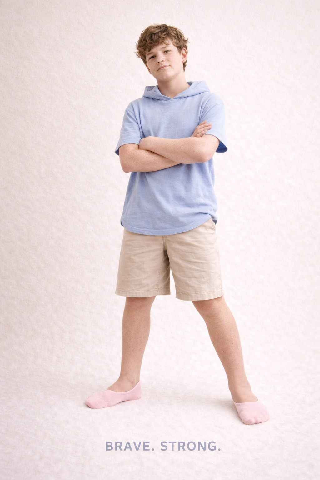 Boy wearing sky blue hood tee and super low cut pink sockies